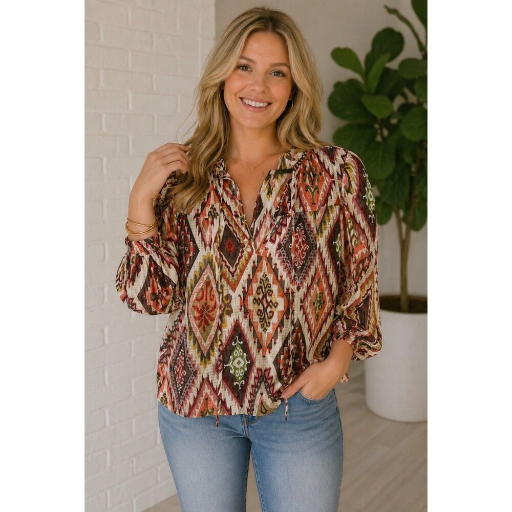 Ramy Brook Adalynn Sheer Top Puff Sleeve Tie Neck Luxe Diamond Blouse Sz S 1185H